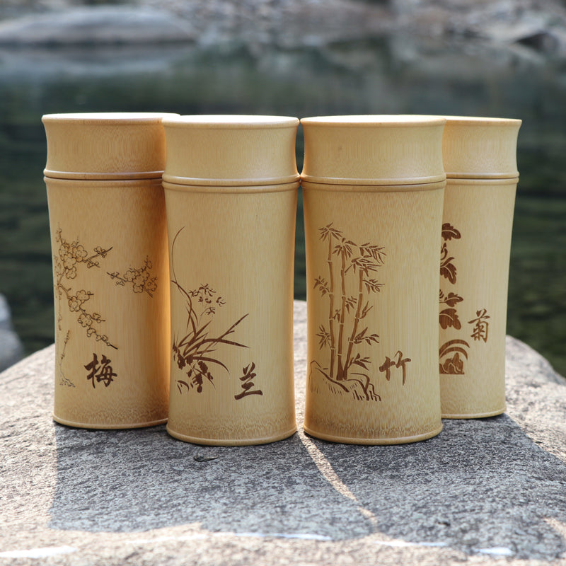 Ink and Wash Retro Carved Bamboo Tea Storage Jar