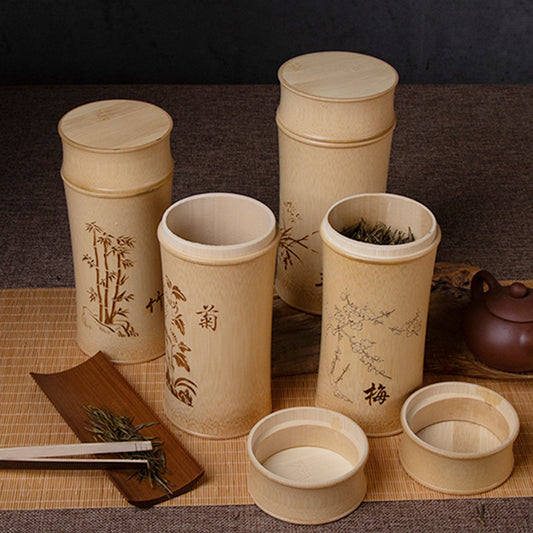 Ink and Wash Retro Carved Bamboo Tea Storage Jar