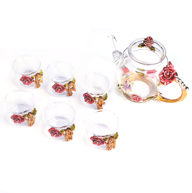 Rose Glass Tea Pot and Six Cups Set - Cupify